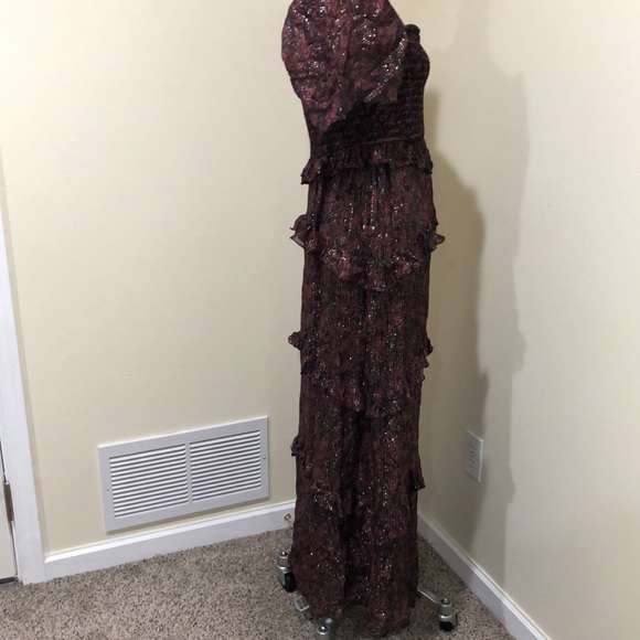 Rococo Sand Maxi Dress Size Large Red Black Gold Metallic Floral Ruffle Tiered - Picture 3 of 9